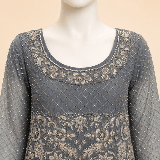 Slate Grey Pearl-Embroidered Kurta Set – 0135M
