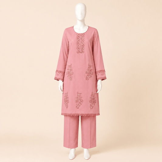 Elegant Dusty Rose Handmade Embroidered 2-Piece Lawn Suit – 0114M