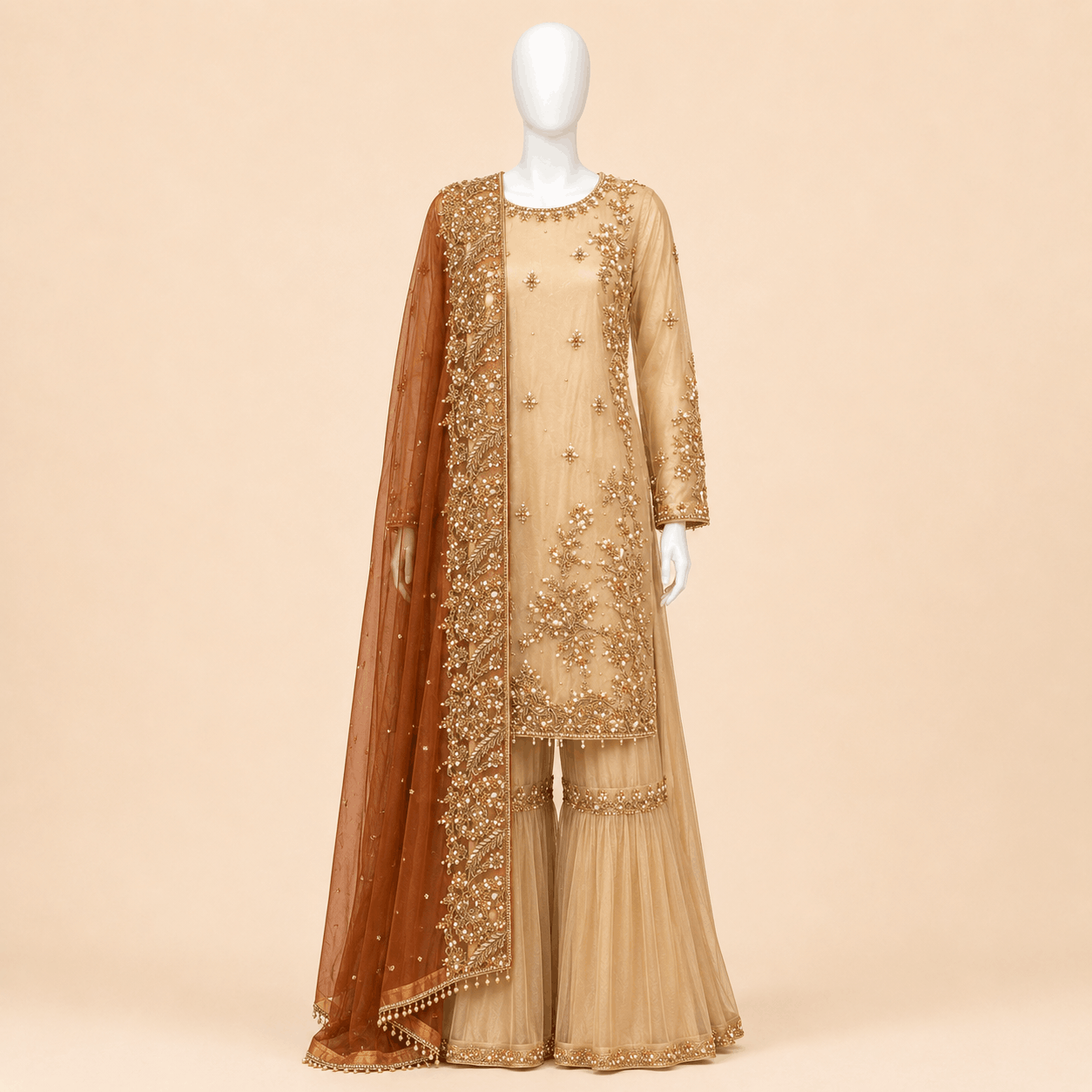 Ivory & Peach Gold Embroidered Gharara Suit with Dupatta – 0092M