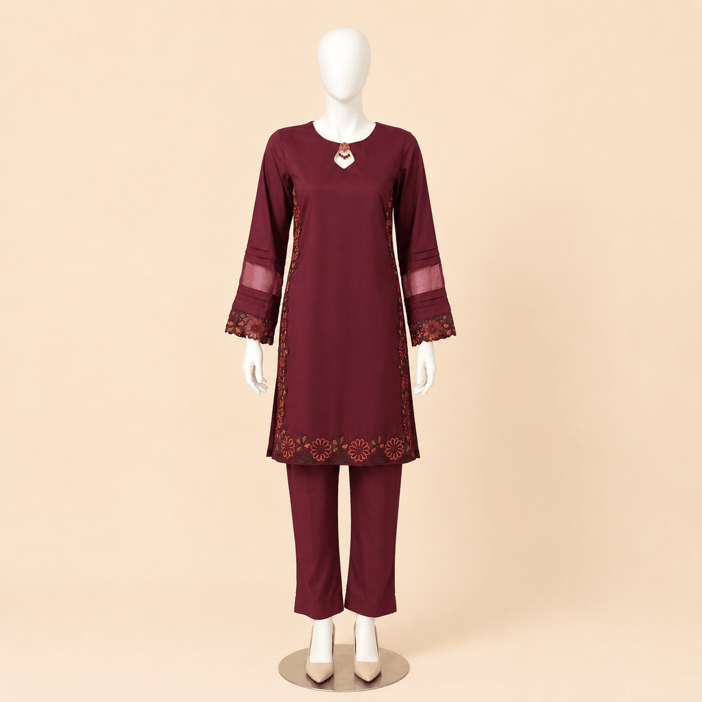 Burgundy Floral Lace Organza patch-Sleeve 2-Piece Suit – 0076M