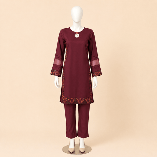 Burgundy Floral Lace Organza patch-Sleeve 2-Piece Suit – 0076M