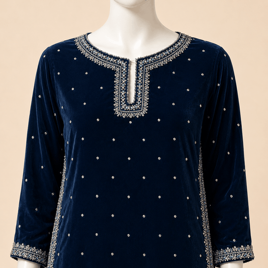Midnight Navy Velvet Embellished 3-Piece Formal Suit – 0096M
