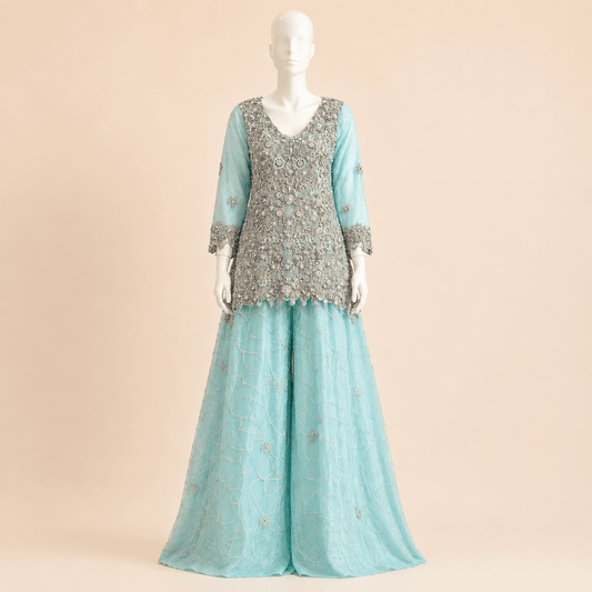 Mint Aqua Hand-Embellished Peplum & Gharara Set – 0146M