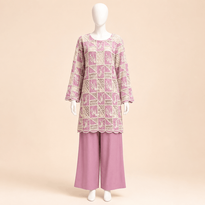 Dusty Mauve Crochet cut work lawn Embroidered – 0091M
