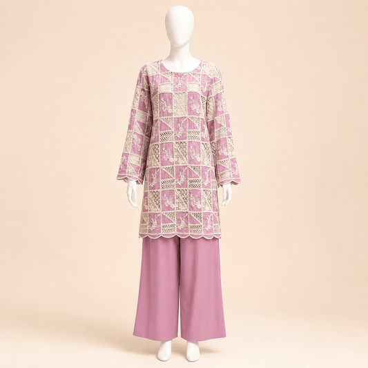 Dusty Mauve Crochet cut work lawn Embroidered – 0091M