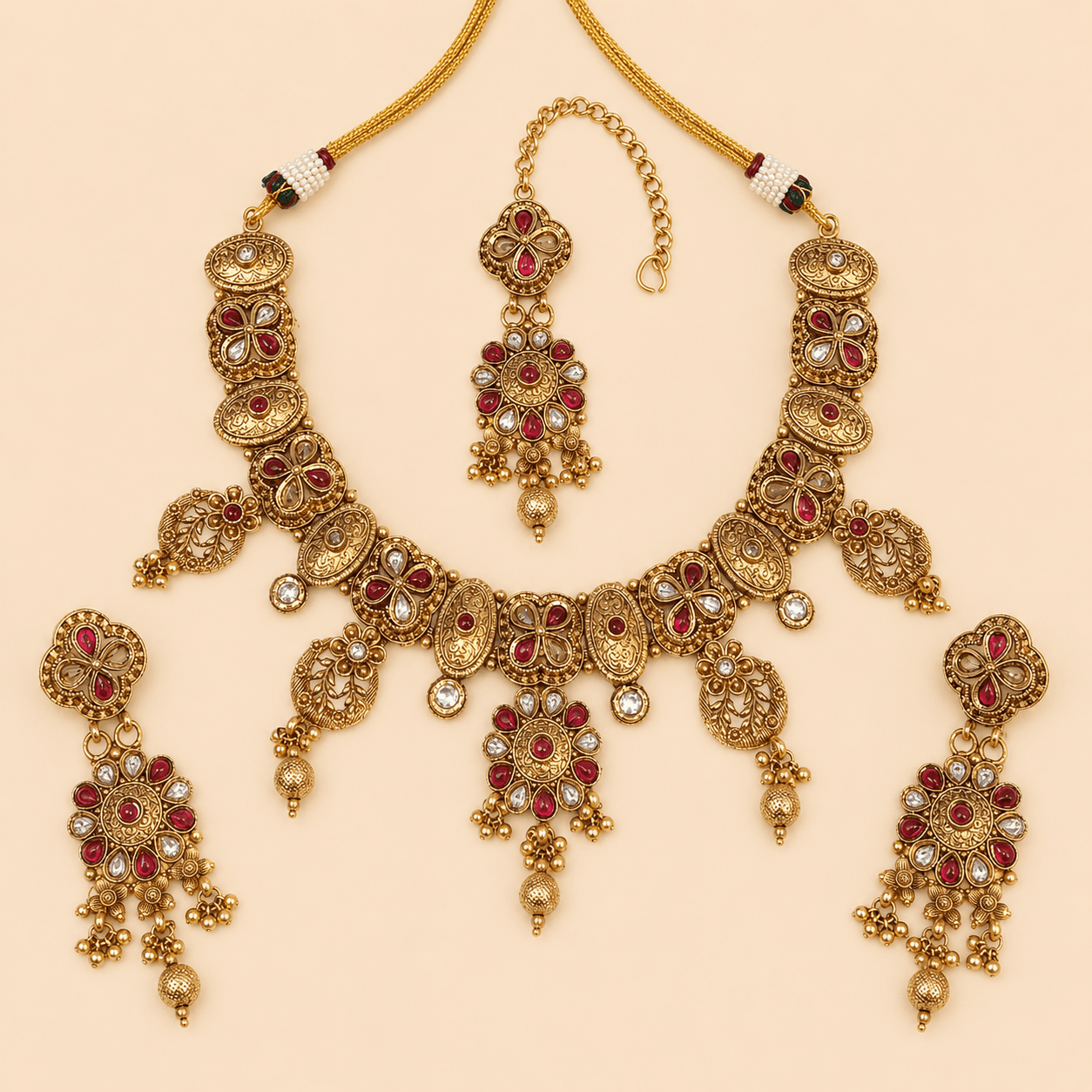 Antique Gold Ruby Floral Jewellery Set – 0152M