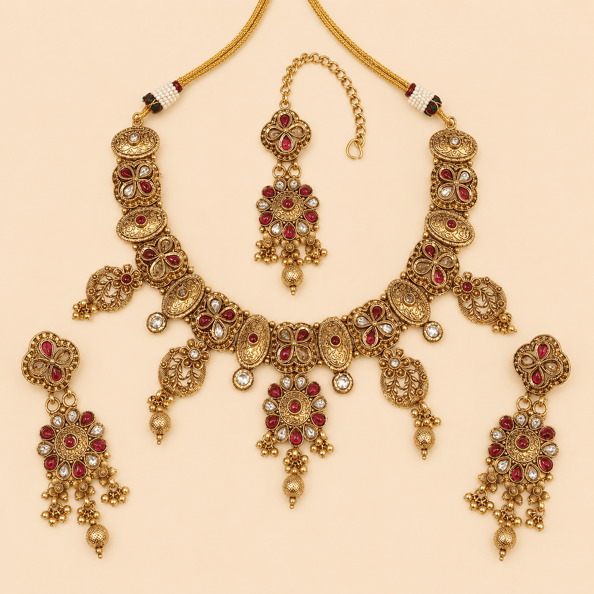 Antique Gold Ruby Floral Jewellery Set – 0152M