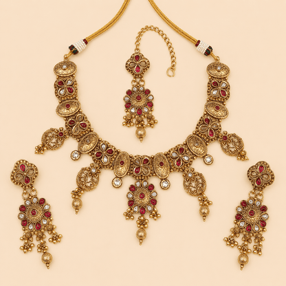 Antique Gold Ruby Floral Jewellery Set – 0152M