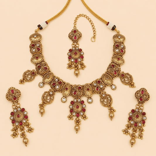 Antique Gold Ruby Floral Jewellery Set – 0152M
