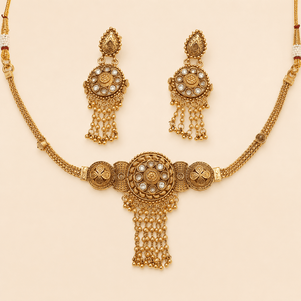 Antique Gold Circular Tassel Necklace Set – 0154M