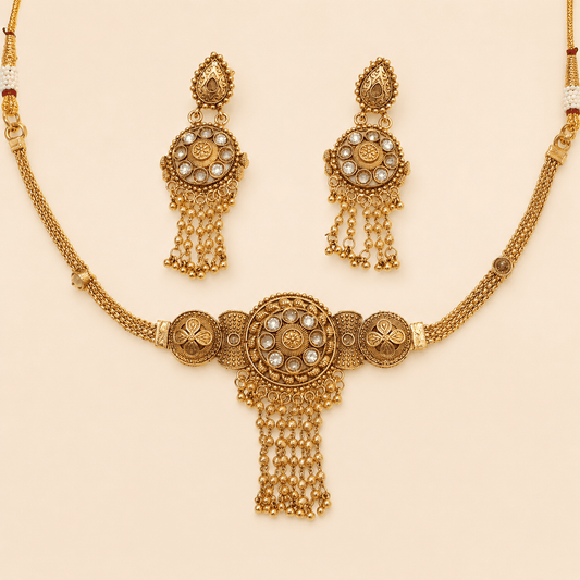 Antique Gold Circular Tassel Necklace Set – 0154M