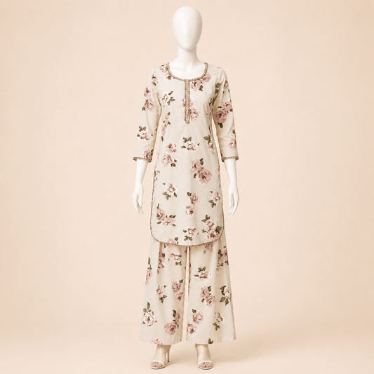 Ivory Blush Rose Printed Lace-Trim Lawn 2-Piece Suit with Farshi shalwar– 0081M