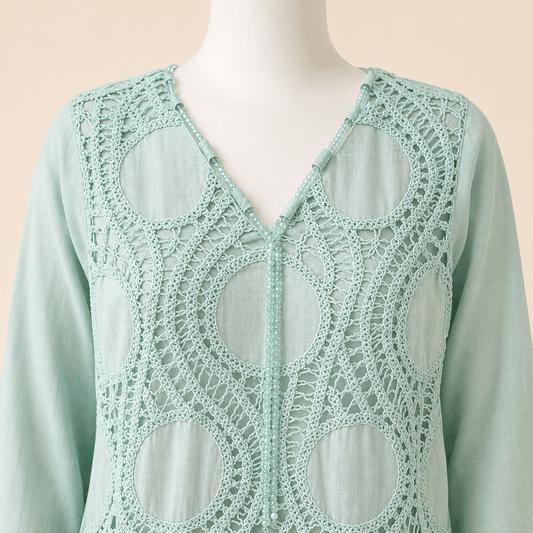 Elegant light blue Crochet Lace 2-Piece Suit with Pearl Drops – 0116M