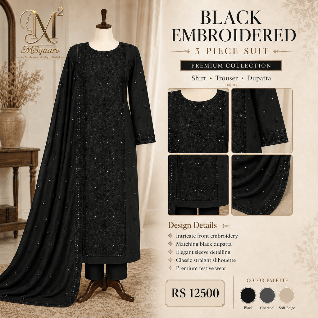 Midnight Noir Black Embellished 3-Piece Suit with Matching Chiffon Dupatta – 0123M