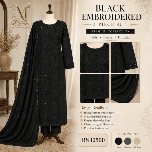 Midnight Noir Black Embellished 3-Piece Suit with Matching Chiffon Dupatta – 0123M