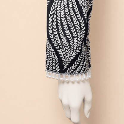 Monochrome Leaf-Print Kurta with Pearl-Trimmed Trousers – 0079M