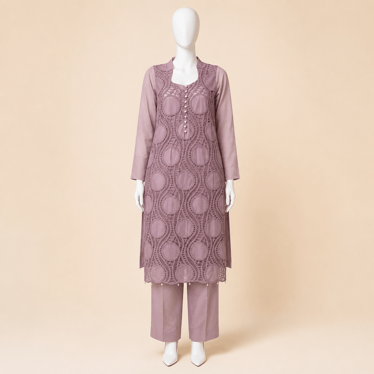 Dusty Mauve Lawn Crochet Lace Two-Piece Suit – 0089M
