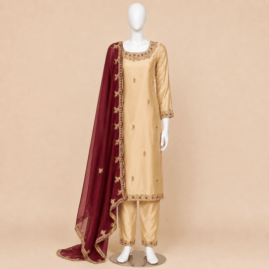 Champagne Gold Embroidered 3-Piece Formal Suit with Maroon Dupatta – 0099M