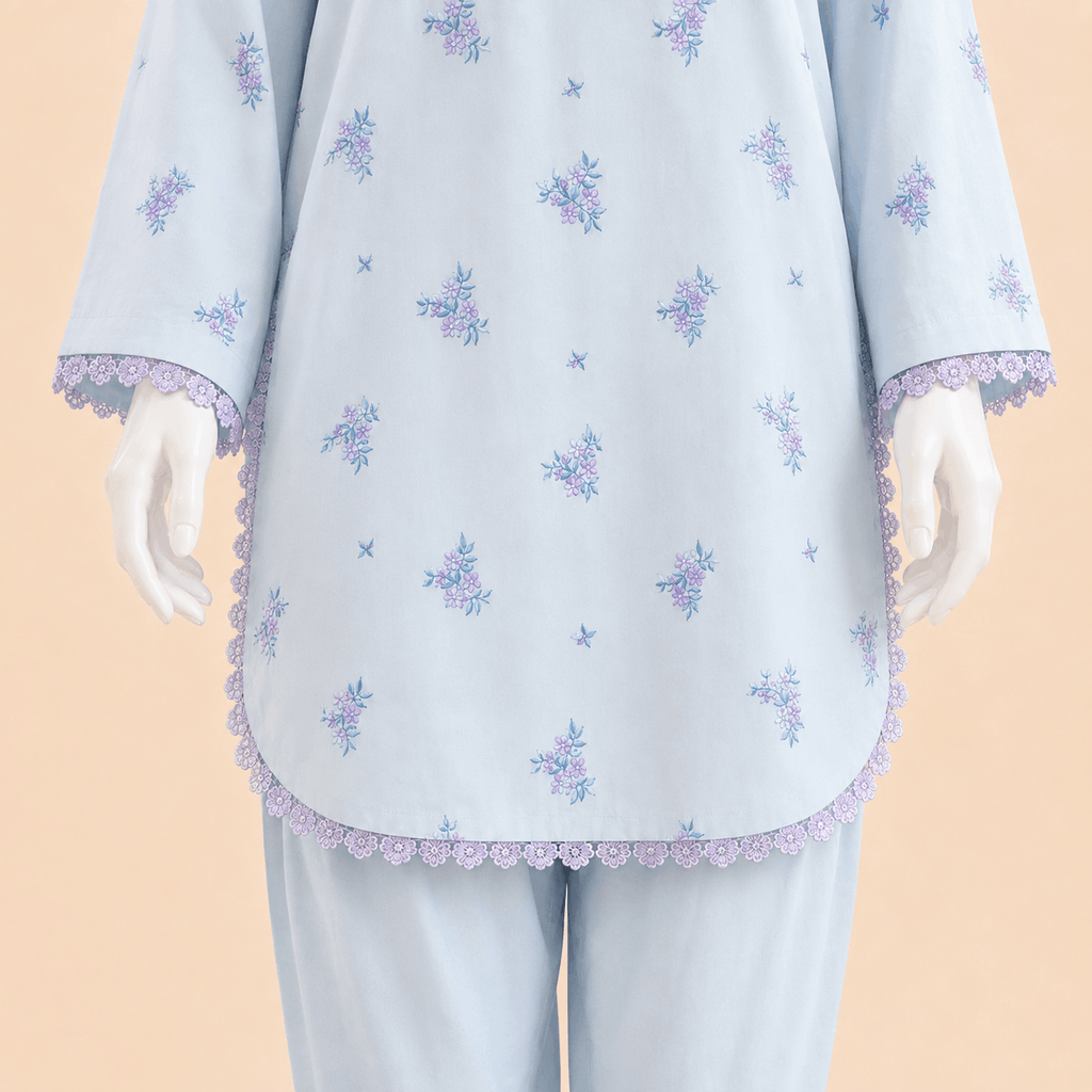 Sky Blue Floral Embroidered Lace with Tulip Shalwar 2-Piece – 0126M