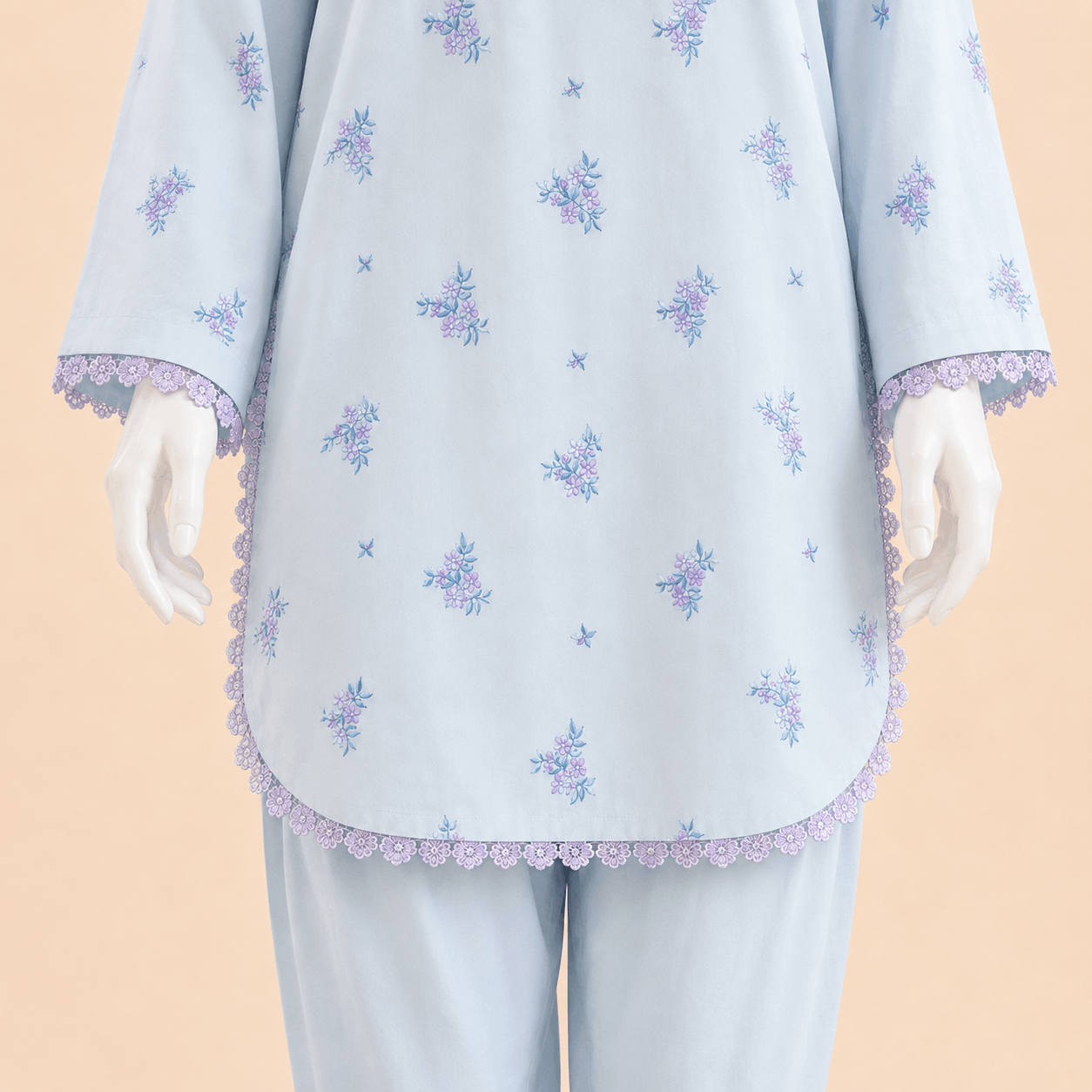 Sky Blue Floral Embroidered Lace with Tulip Shalwar 2-Piece – 0126M