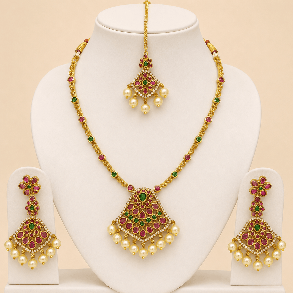 Ruby Emerald Pearl Bridal Jewellery Set – 0138M