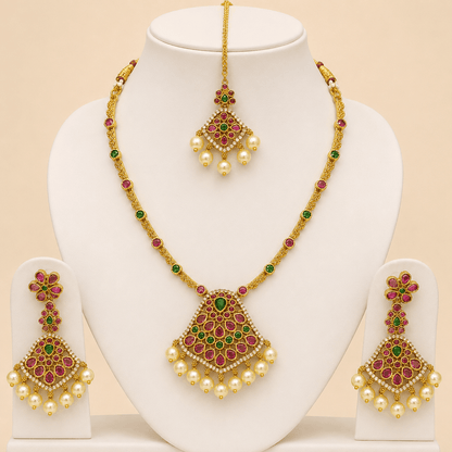 Ruby Emerald Pearl Bridal Jewellery Set – 0138M