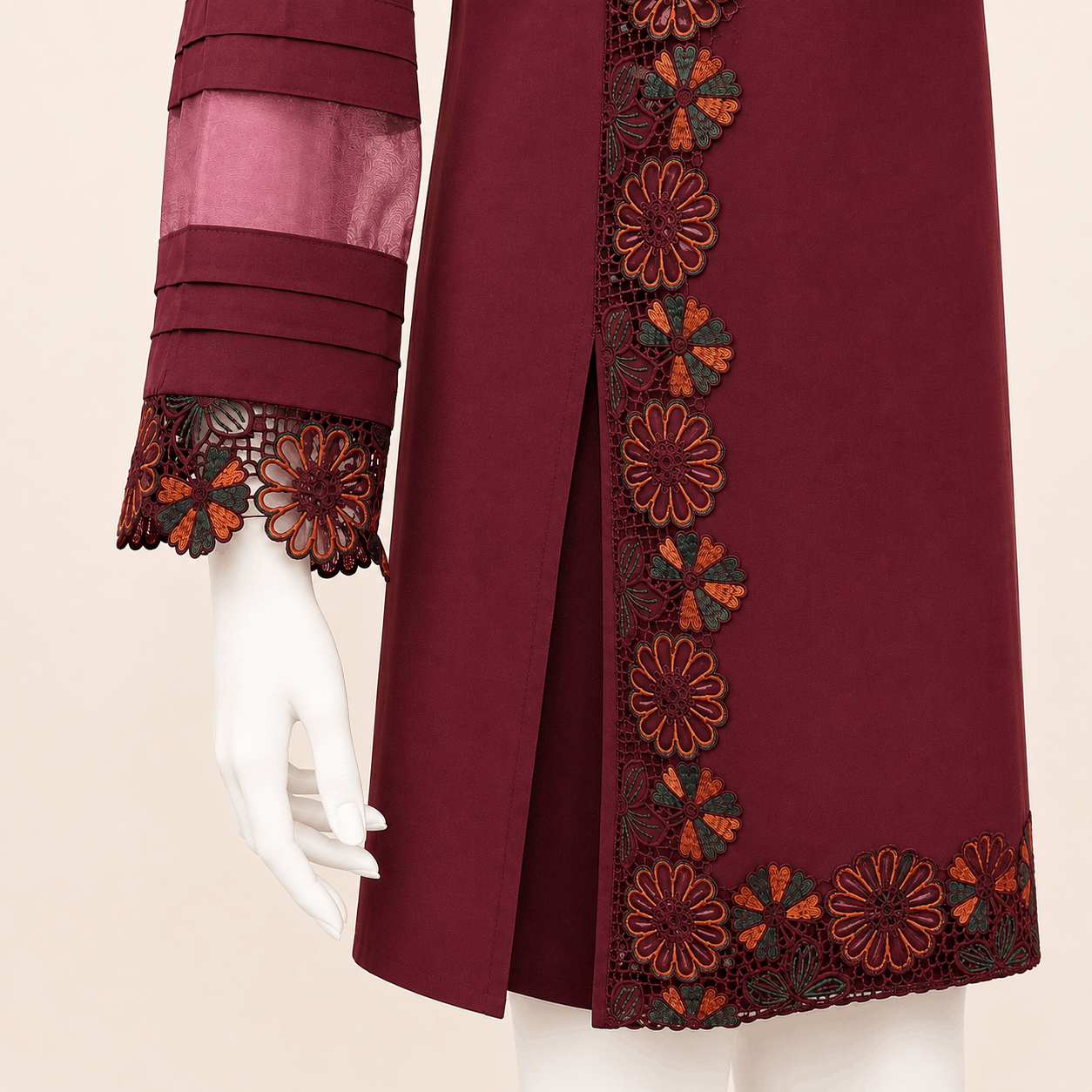 Burgundy Floral Lace Organza patch-Sleeve 2-Piece Suit – 0076M