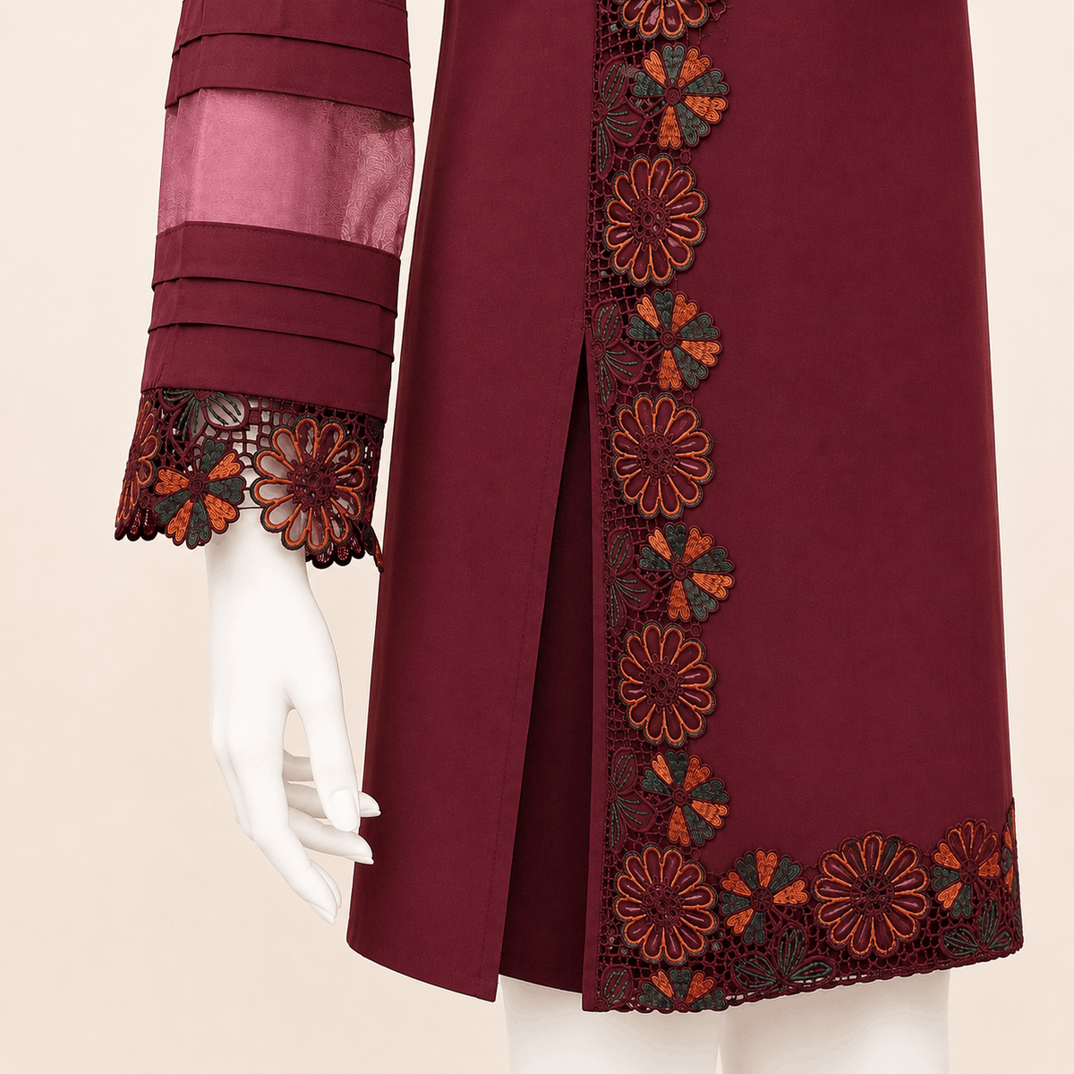 Burgundy Floral Lace Organza patch-Sleeve 2-Piece Suit – 0076M