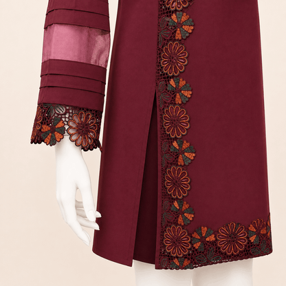 Burgundy Floral Lace Organza patch-Sleeve 2-Piece Suit – 0076M