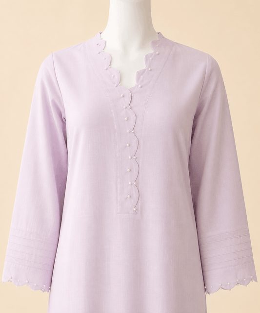 Lilac Pearl-Trim Scalloped Kurta Trouser Set 2-piece lawn suit – 0124M