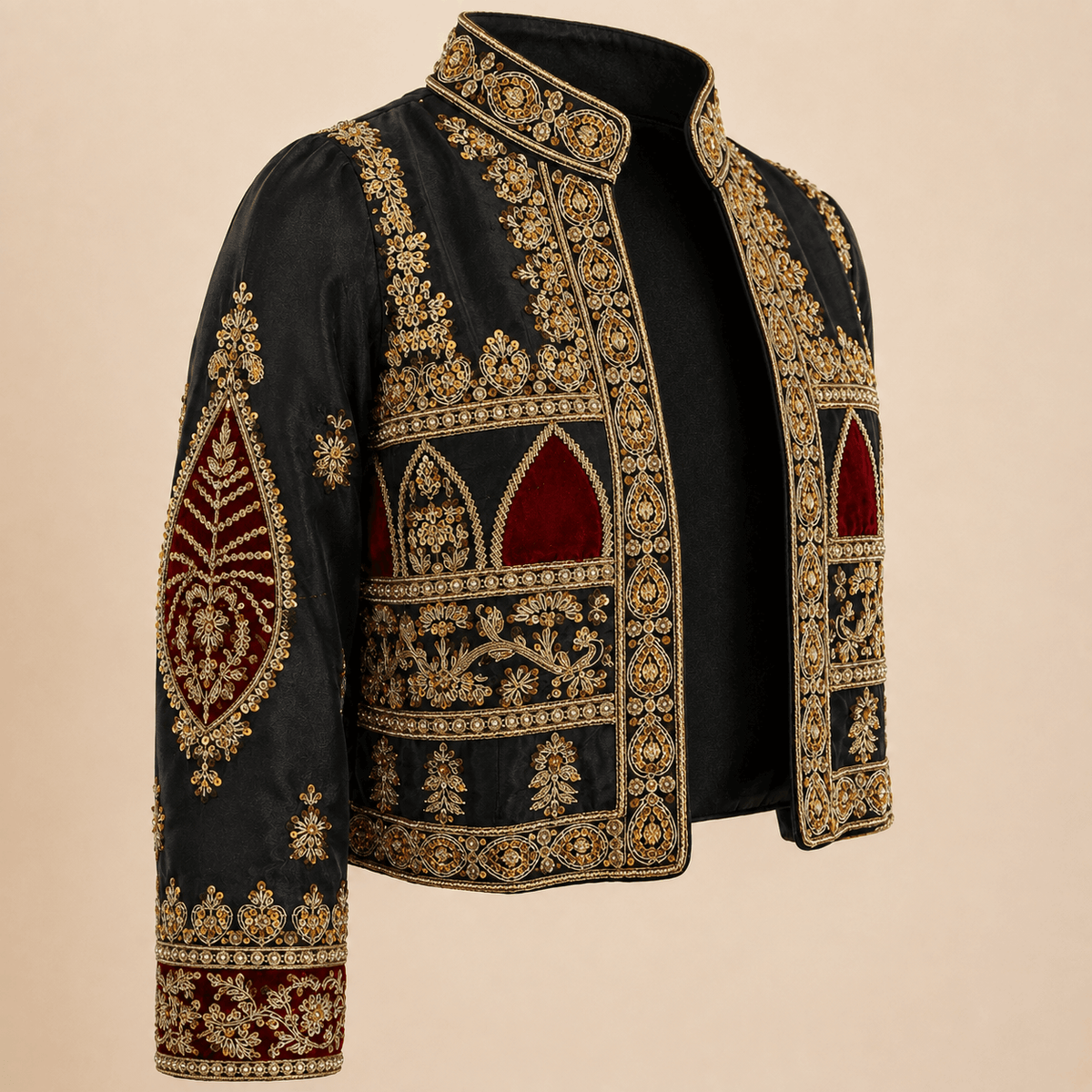 Royal Black & Maroon Handmade-Embroidered Luxury Silk Jacket – 0093M