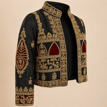 Royal Black & Maroon Handmade-Embroidered Luxury Silk Jacket – 0093M