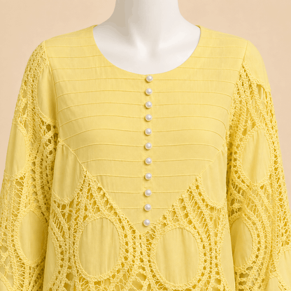 Lemon Yellow Pearl-Button Lawn Crochet work 3-Piece Suit With Lining– 0073M