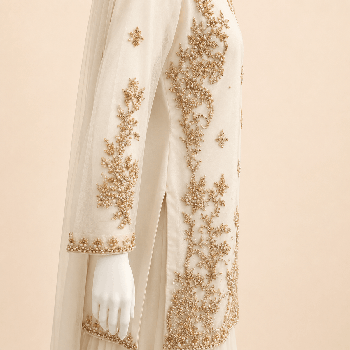 Ivory & Peach Gold Embroidered Gharara Suit with Dupatta – 0092M