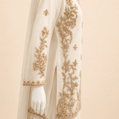 Ivory & Peach Gold Embroidered Gharara Suit with Dupatta – 0092M