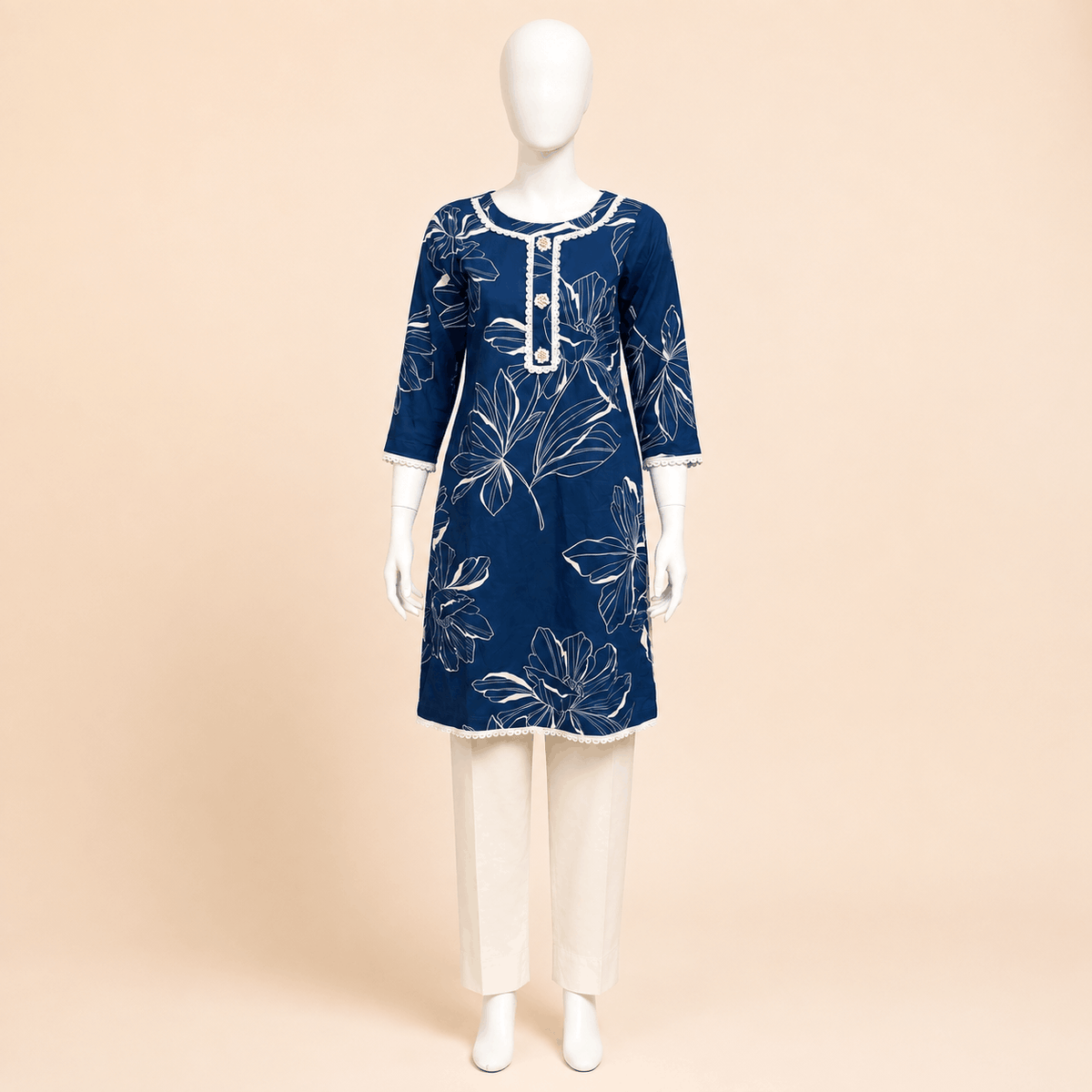 Elegant Navy Blue Floral Print 2-Piece Suit with Pearl Detail – 0115M