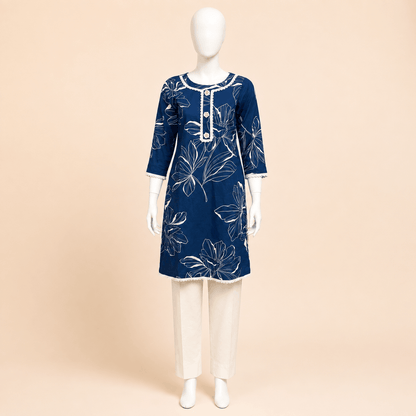 Elegant Navy Blue Floral Print 2-Piece Suit with Pearl Detail – 0115M