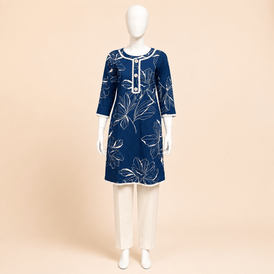 Elegant Navy Blue Floral Print 2-Piece Suit with Pearl Detail – 0115M