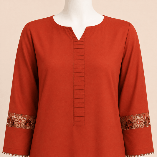 Burnt Orange Pintuck Kurta with Floral Lace Sleeve Detail – 0077M