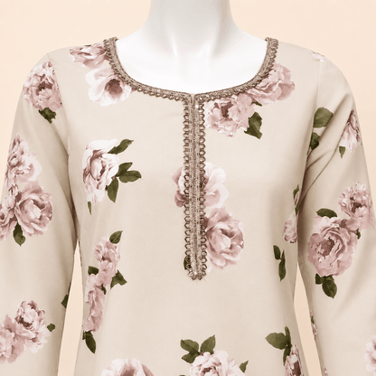 Ivory Blush Rose Printed Lace-Trim Lawn 2-Piece Suit with Farshi shalwar– 0081M