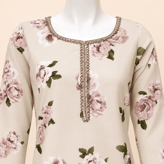 Ivory Blush Rose Printed Lace-Trim Lawn 2-Piece Suit with Farshi shalwar– 0081M