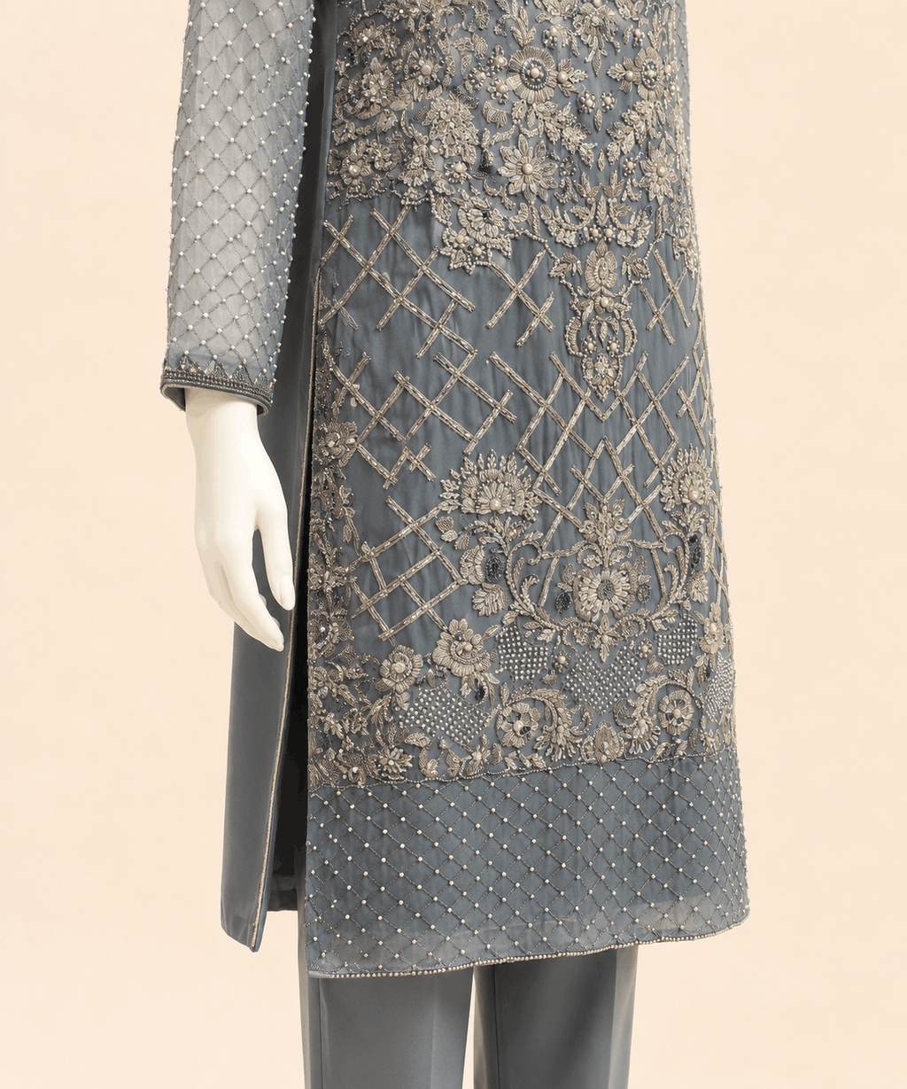 Slate Grey Pearl-Embroidered Kurta Set – 0135M