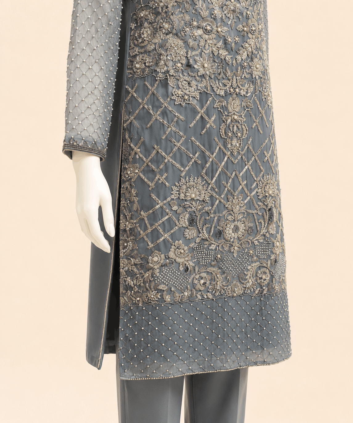 Slate Grey Pearl-Embroidered Kurta Set – 0135M