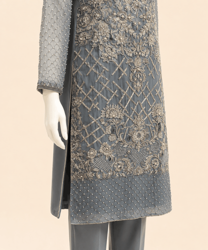 Slate Grey Pearl-Embroidered Kurta Set – 0135M