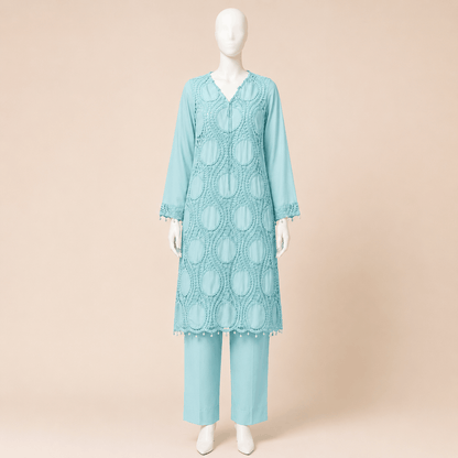 Elegant light blue Crochet Lace 2-Piece Suit with Pearl Drops – 0116M
