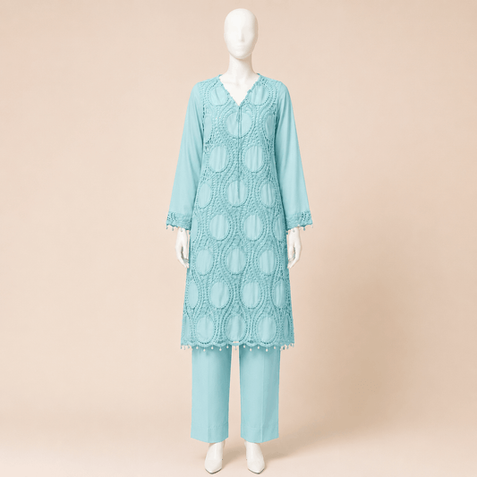 Elegant light blue Crochet Lace 2-Piece Suit with Pearl Drops – 0116M