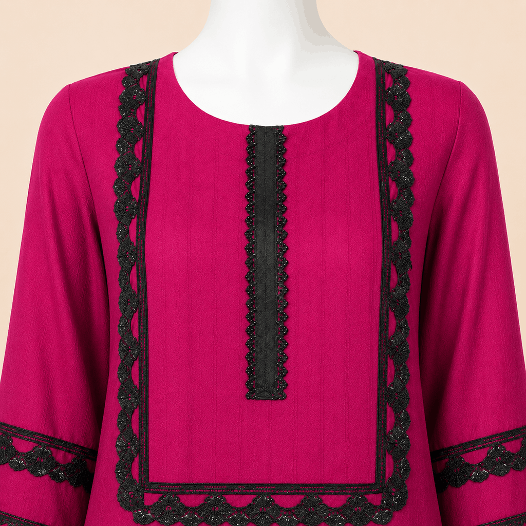 Fuchsia Pink Black Lace 3-Piece Suit with Ombre Dupatta – 0078M