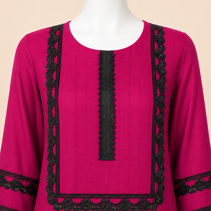 Fuchsia Pink Black Lace 3-Piece Suit with Ombre Dupatta – 0078M