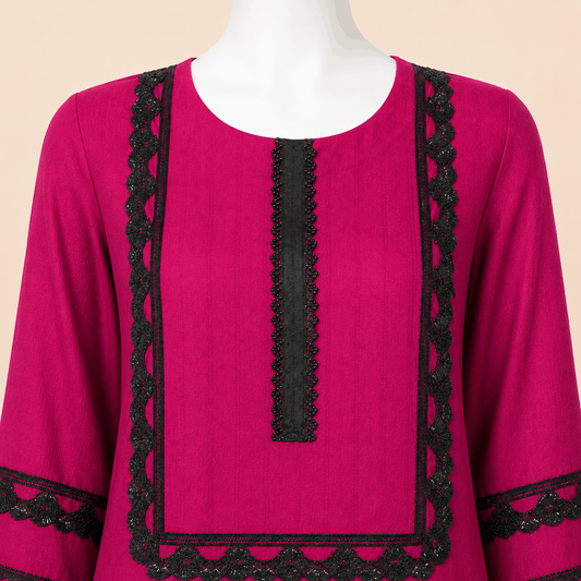 Fuchsia Pink Black Lace 3-Piece Suit with Ombre Dupatta – 0078M