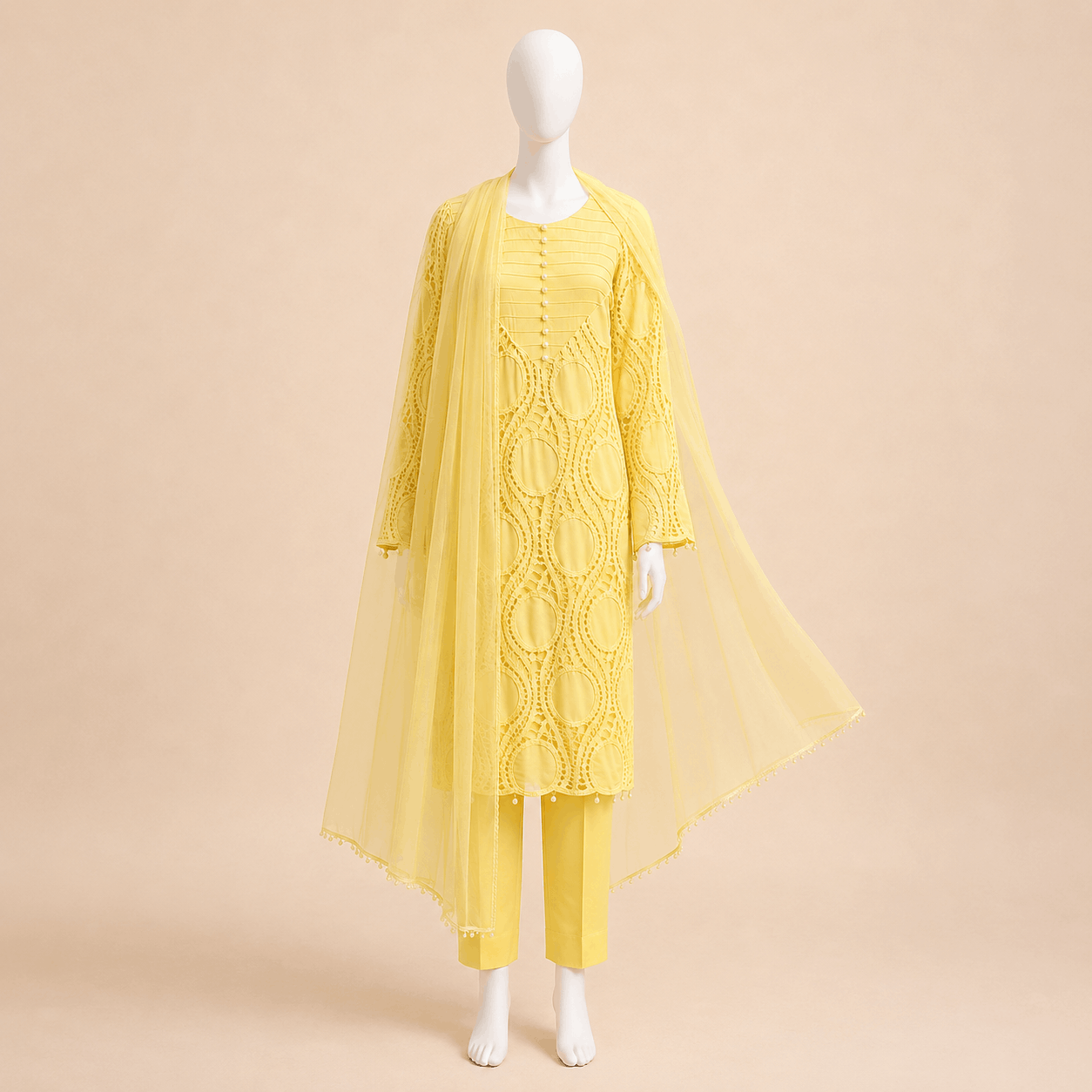 Lemon Yellow Pearl-Button Lawn Crochet work 3-Piece Suit With Lining– 0073M